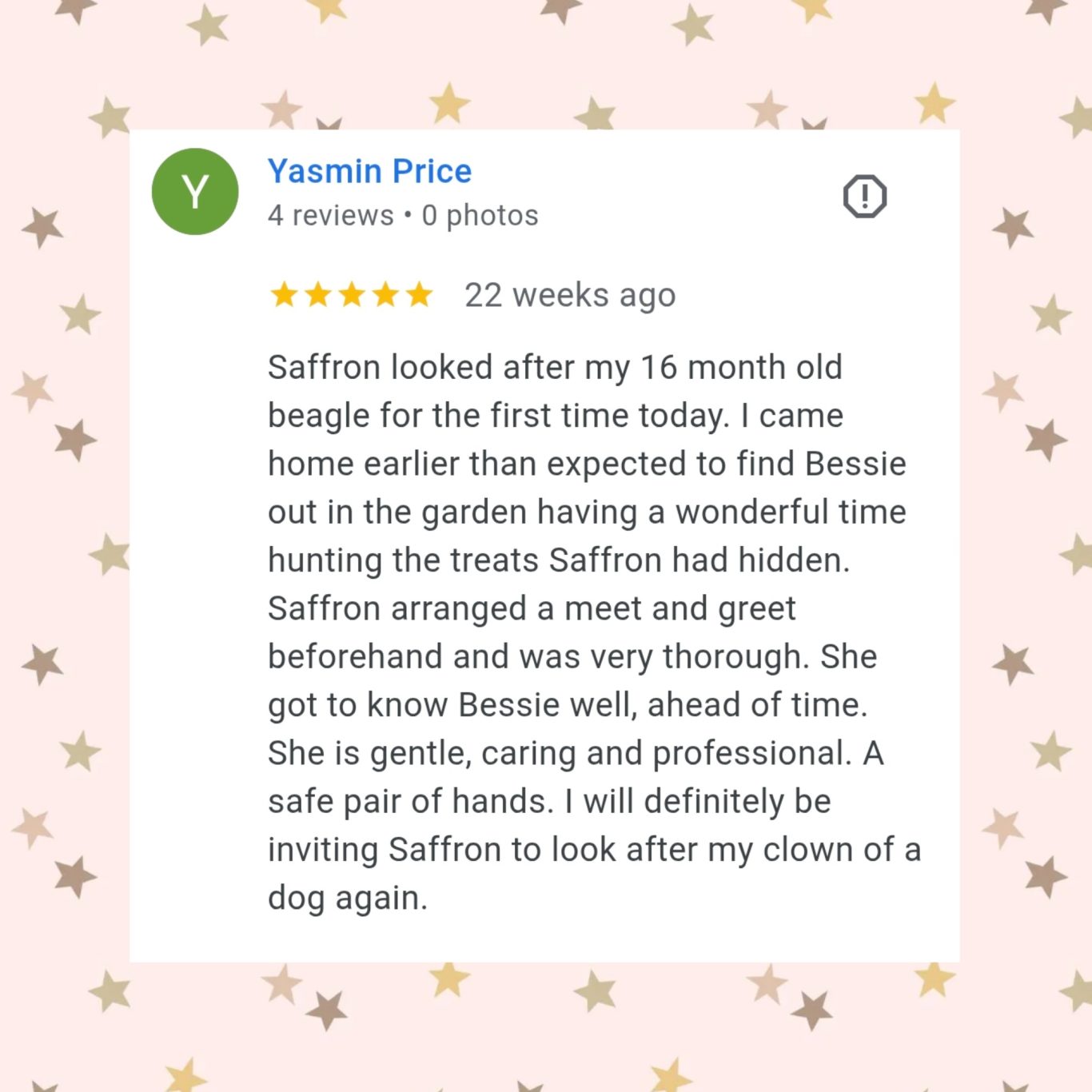 5 Star Review Customer review highlighting positive experiences with pet sitting services.