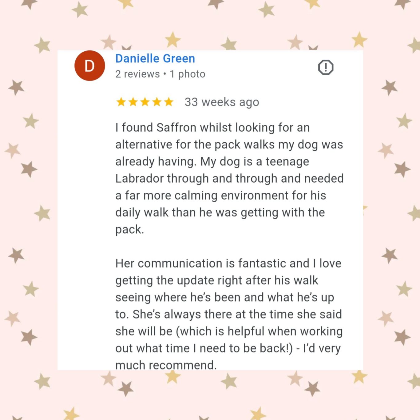 5 Star Review Review praising Saffron's excellent dog walking service and communication skills.